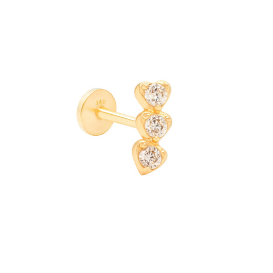 14K cartilage Piercing 3 Mini Heart With CZ Bar