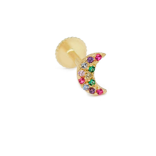 14k Cartilage - Moon with Colorful CZ