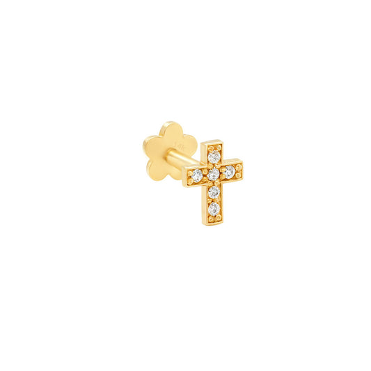 14k Cartilage-Cross Baguette CZ Threaded Stud